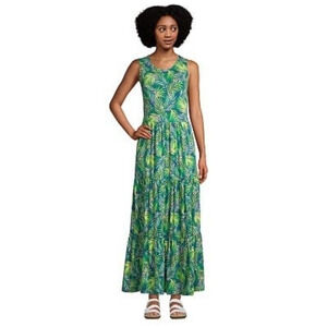 Lands End‎ Womens Sleeveless Tiered Maxi Dress Teal Palm NWOT Size X-Small Tall
